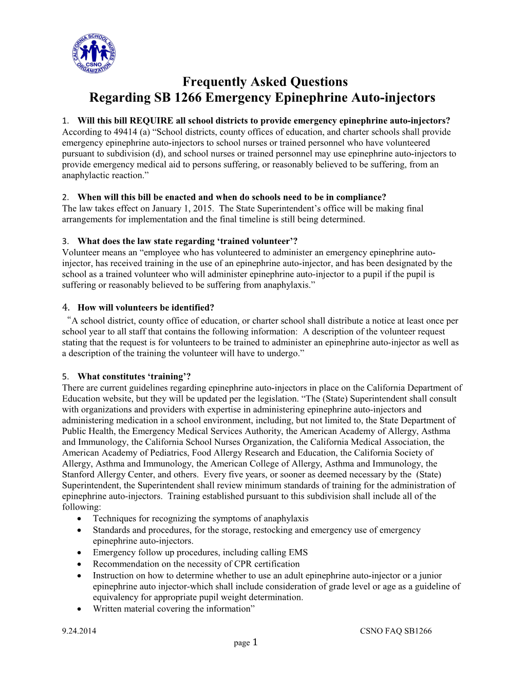 Regarding SB 1266 Emergency Epinephrine Auto-Injectors