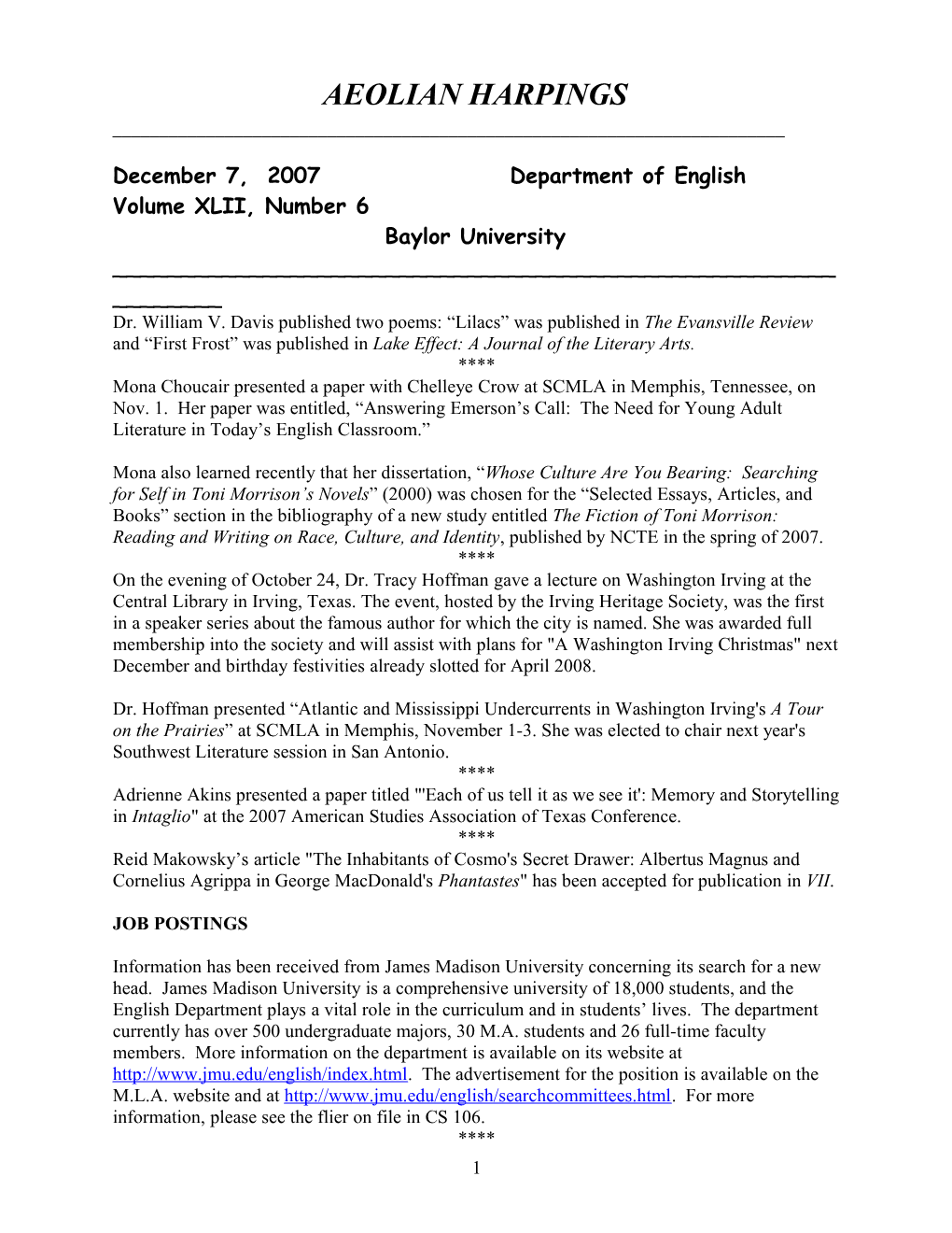 December 7, 2007 Department of English Volume XLII, Number 6