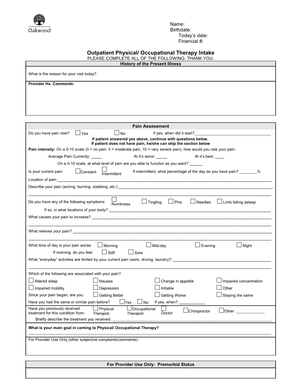 Outpatient Physical/ Occupational Therapy Intake