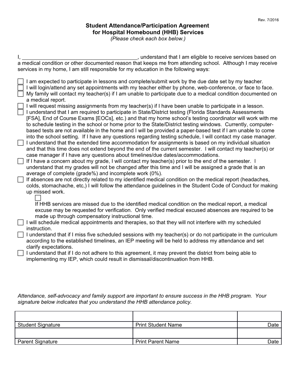 Student Attendance/Participation Agreement