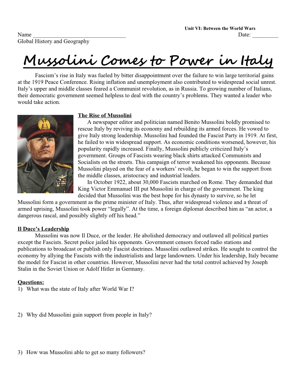 Mussolini Comes to Power in Italy