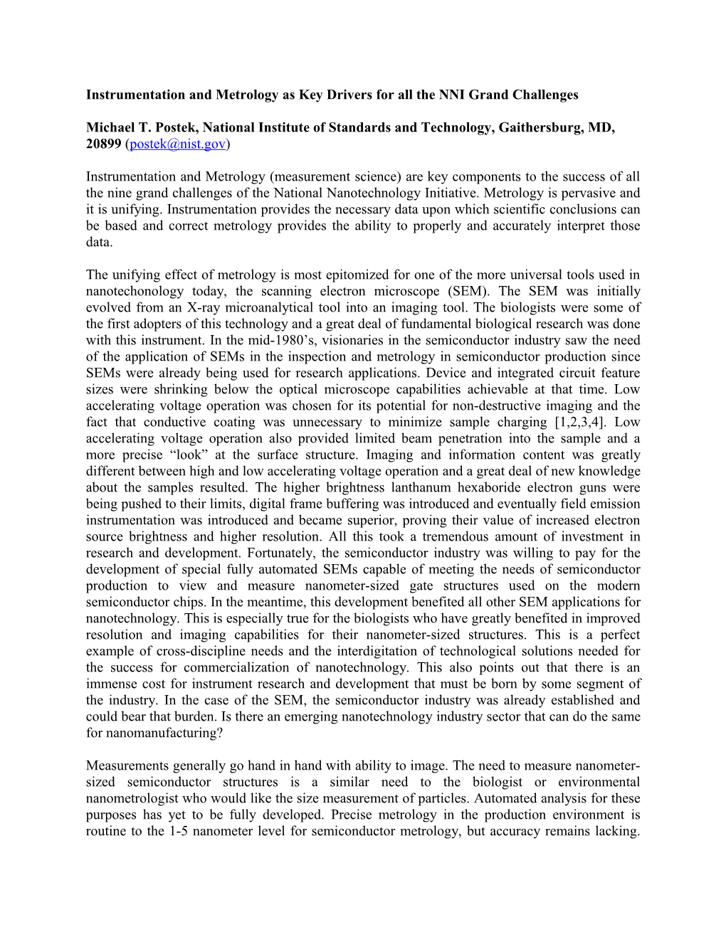 Instrumentation and Metrology As a Key Driver for All the NNI Grand Challenges