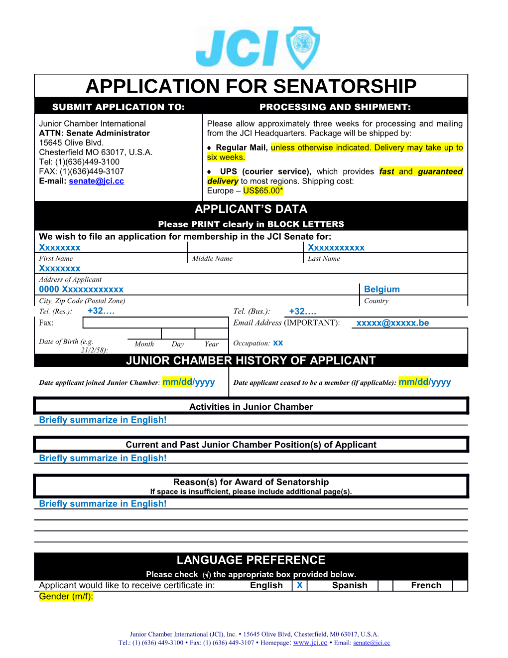 International Senate Application Form;