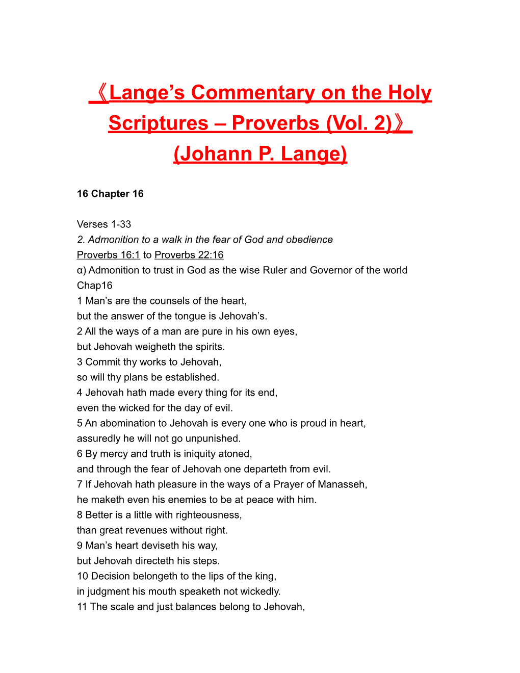 Lange S Commentary on the Holy Scriptures Proverbs (Vol. 2) (Johann P. Lange)