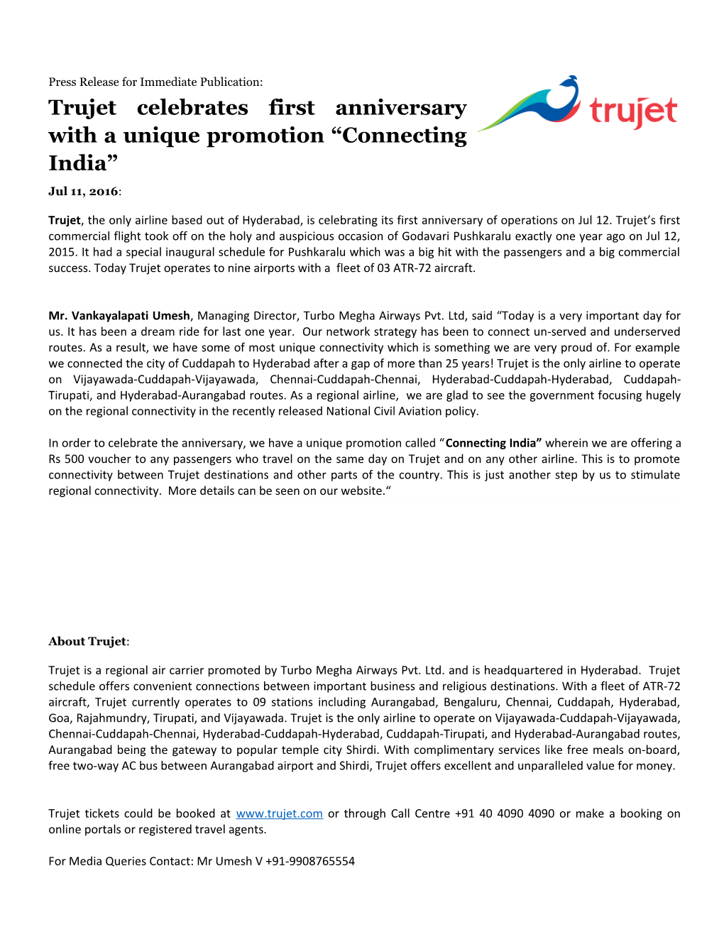 Trujet Celebrates First Anniversary with a Unique Promotion Connecting India