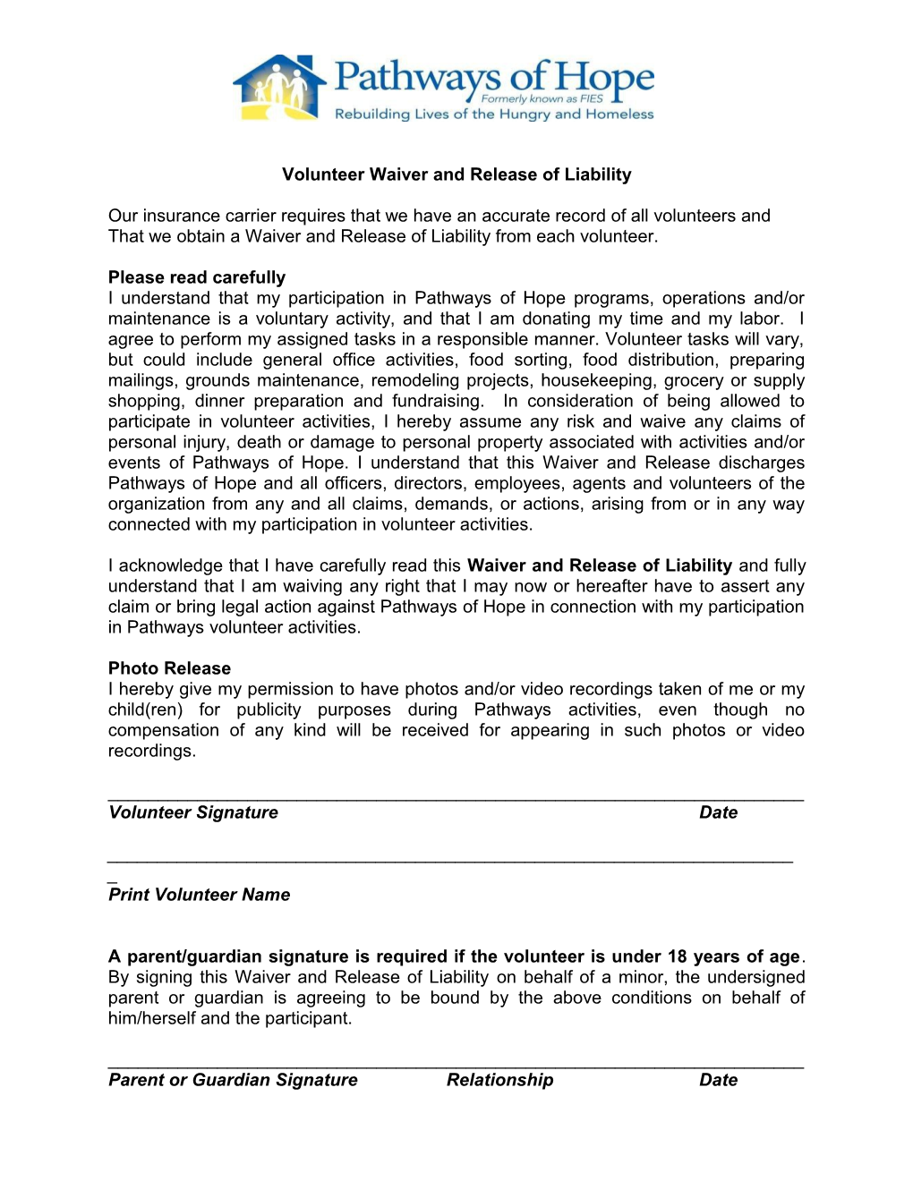 Volunteer Waiver of Liability