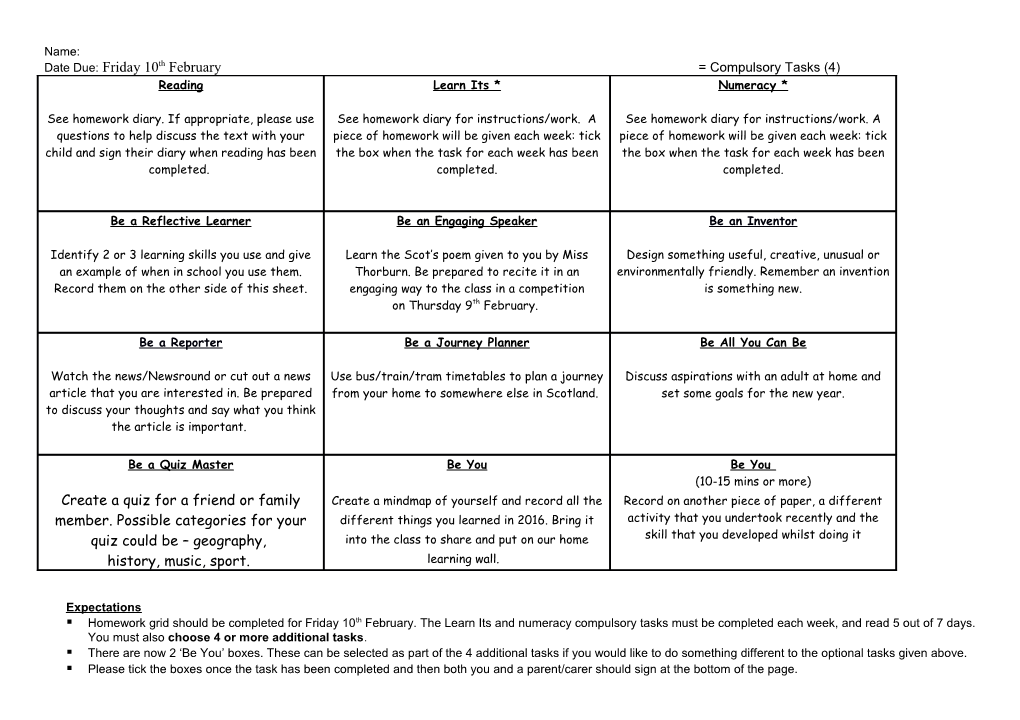 Date Due:Friday 10Th February = Compulsory Tasks (4)