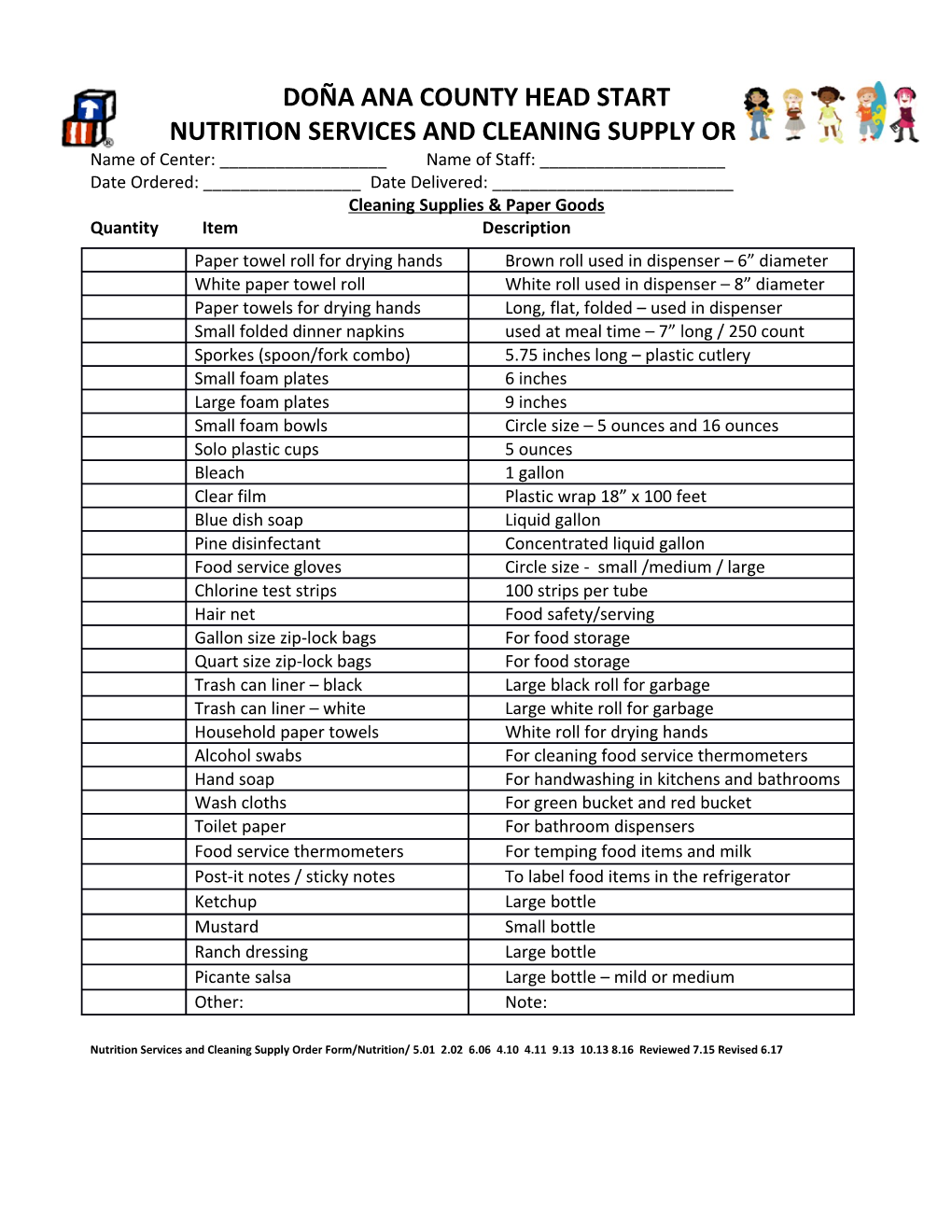 Nutrition Services and Cleaning Supply Order