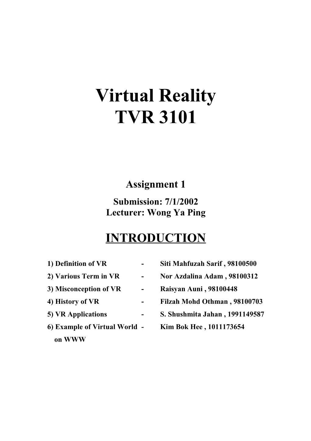 1) Definition of VR - Siti Mahfuzah Sarif , 98100500