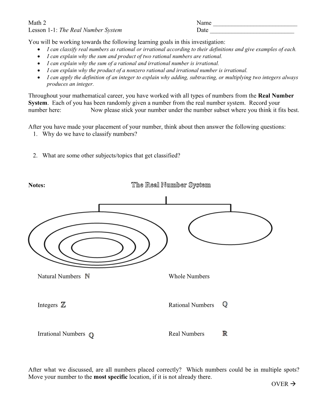 Lesson 1-1: the Real Number System Date ______