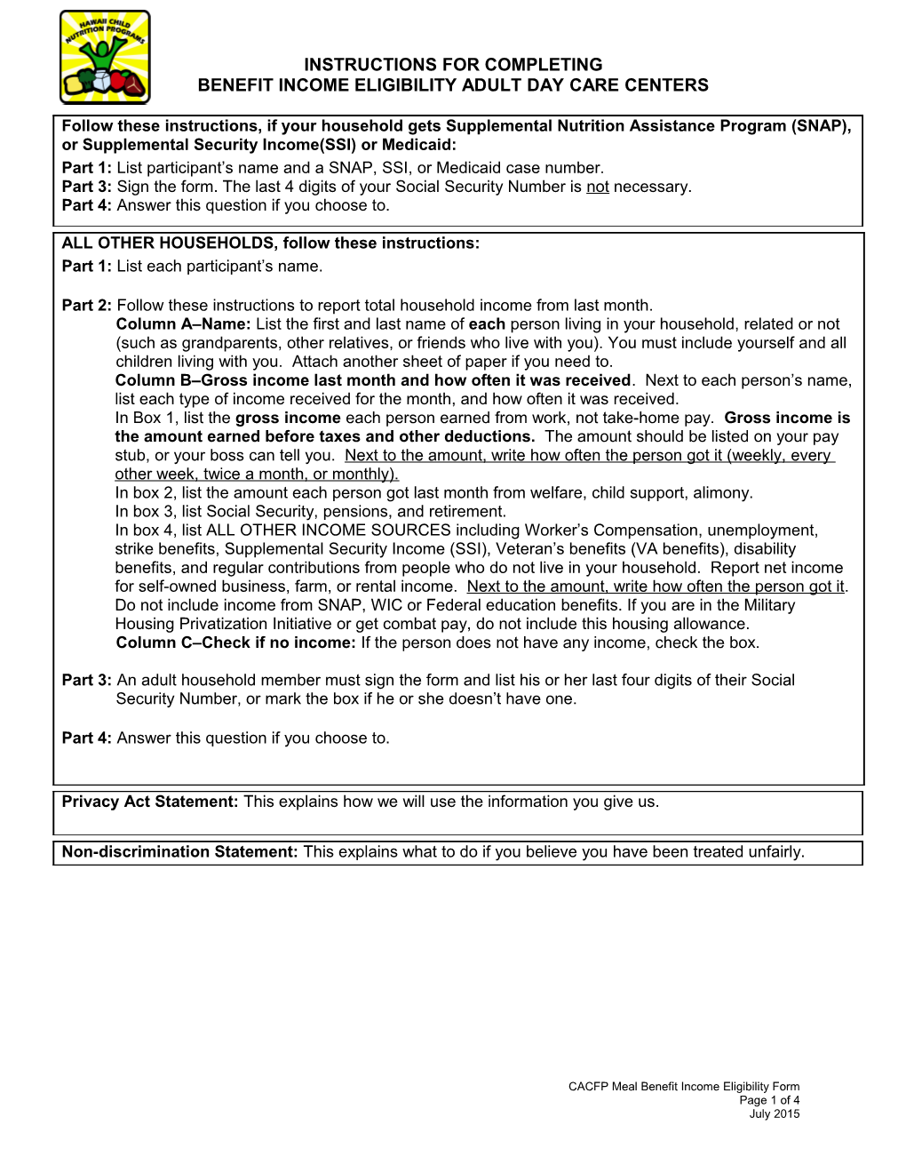 CACFP Meal Benefit Income Eligibility Form: Instructions for Completing Meal Benefit Form