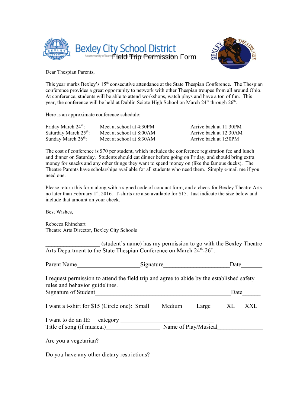 Field Trip Permission Form s1