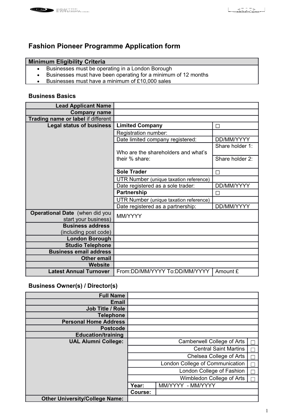 Fashion Pioneer Programme Application Form