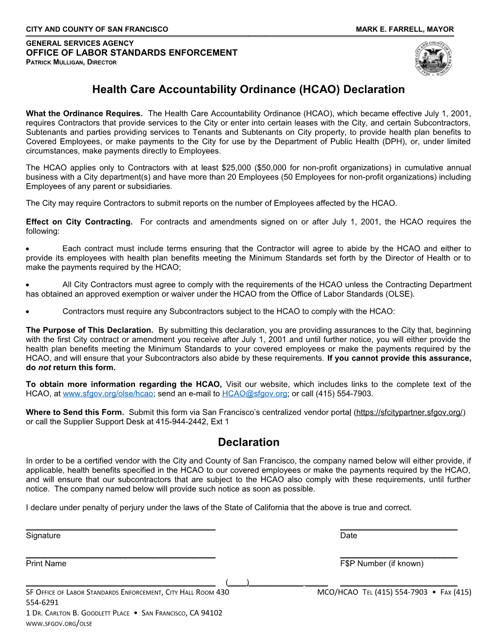Health Care Accountability Ordinance (HCAO) Declaration