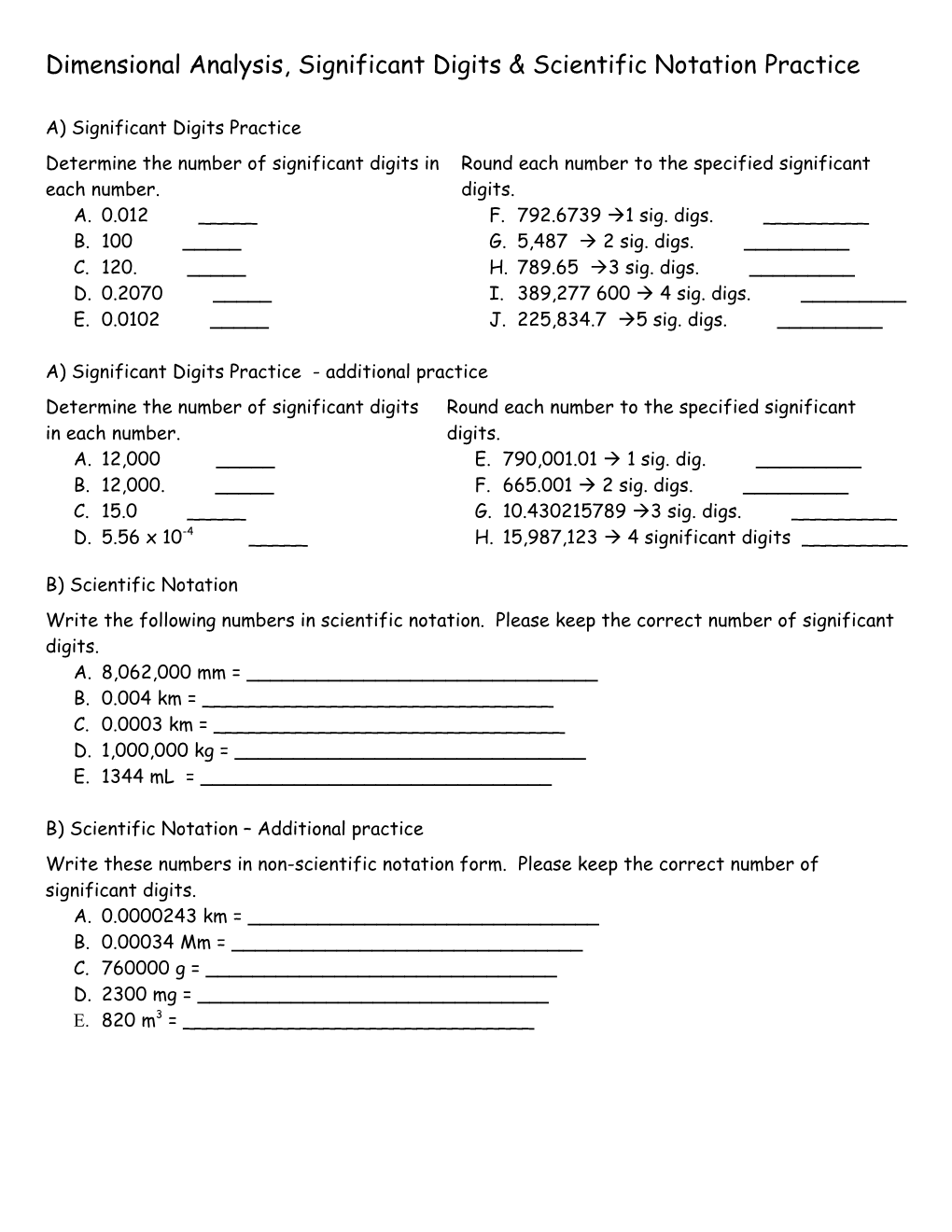 Dimensional Analysis, Significant Digits & Scientific Notation Practice