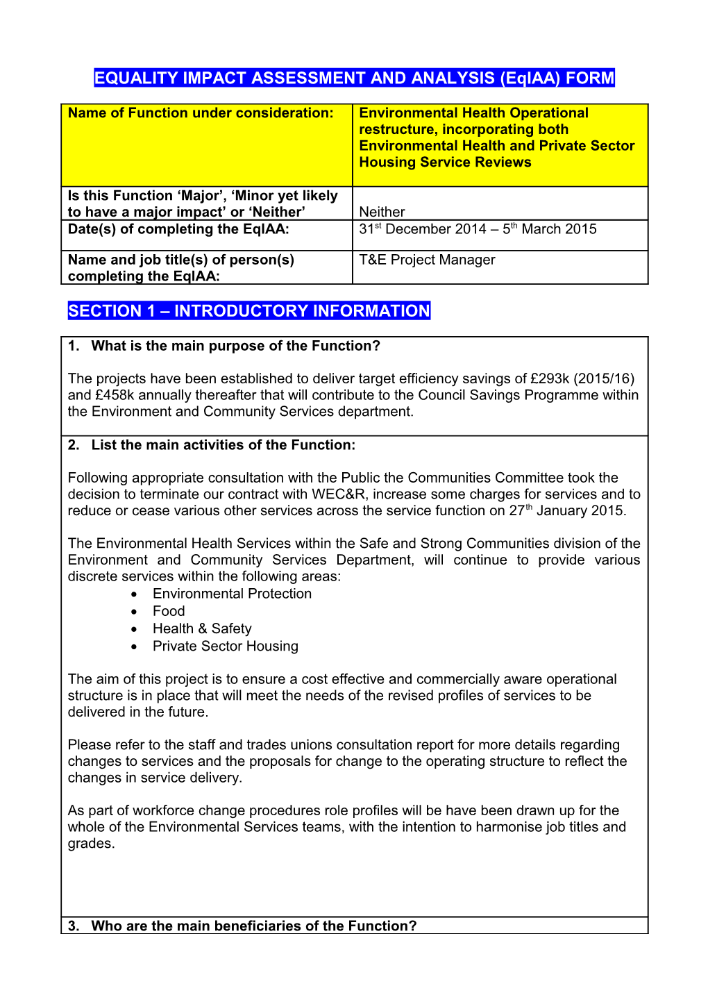 EQUALITY IMPACT ASSESSMENT and ANALYSIS (Eqiaa) FORM