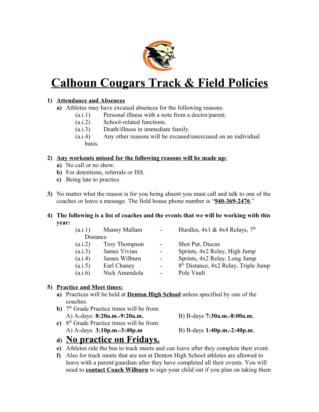 Calhoun Cougars Track & Field Policies