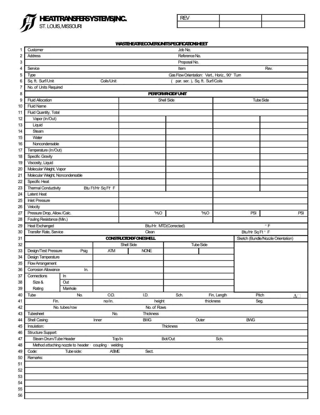 Waste Heat Recovery Unit Specification Sheet