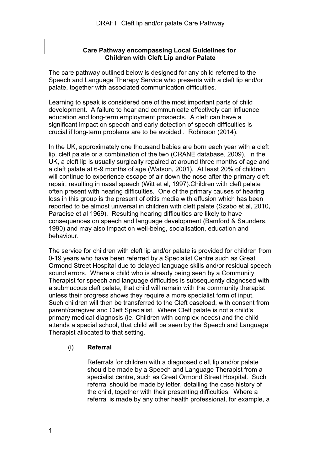 DRAFT Cleft Lip And/Or Palate Care Pathway