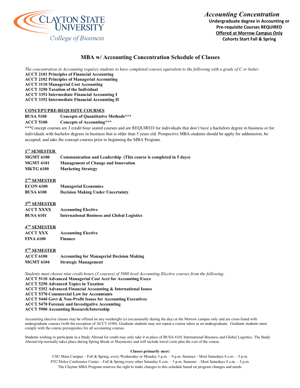 MBA W/ Accounting Concentration Schedule of Classes