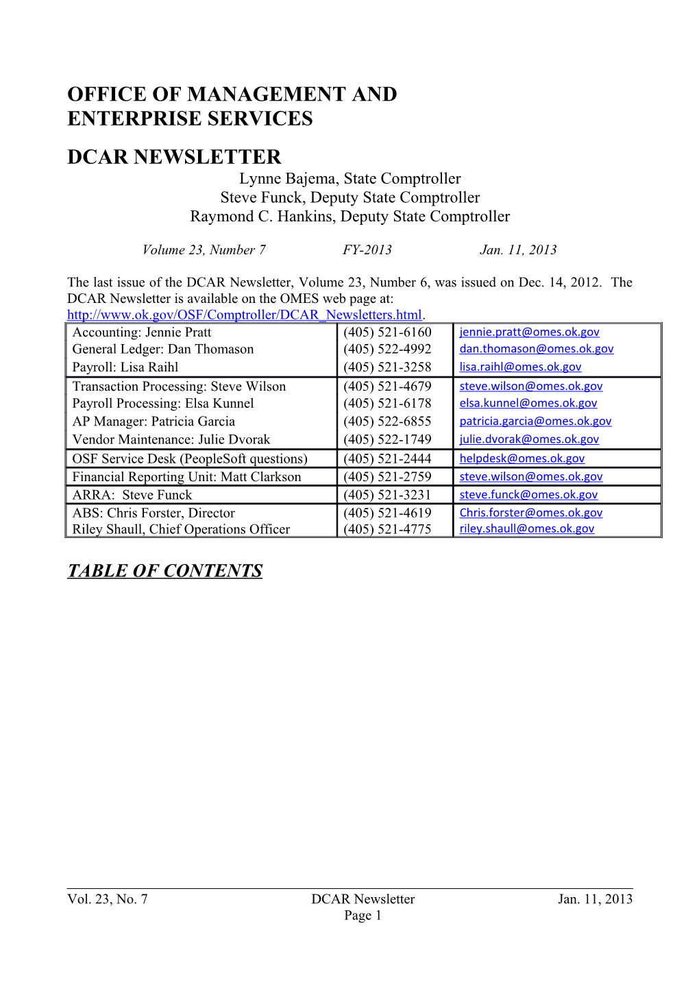 Office of Management and Enterprise Services (OMES) DCAR Newsletter, Jan. 11, 2013