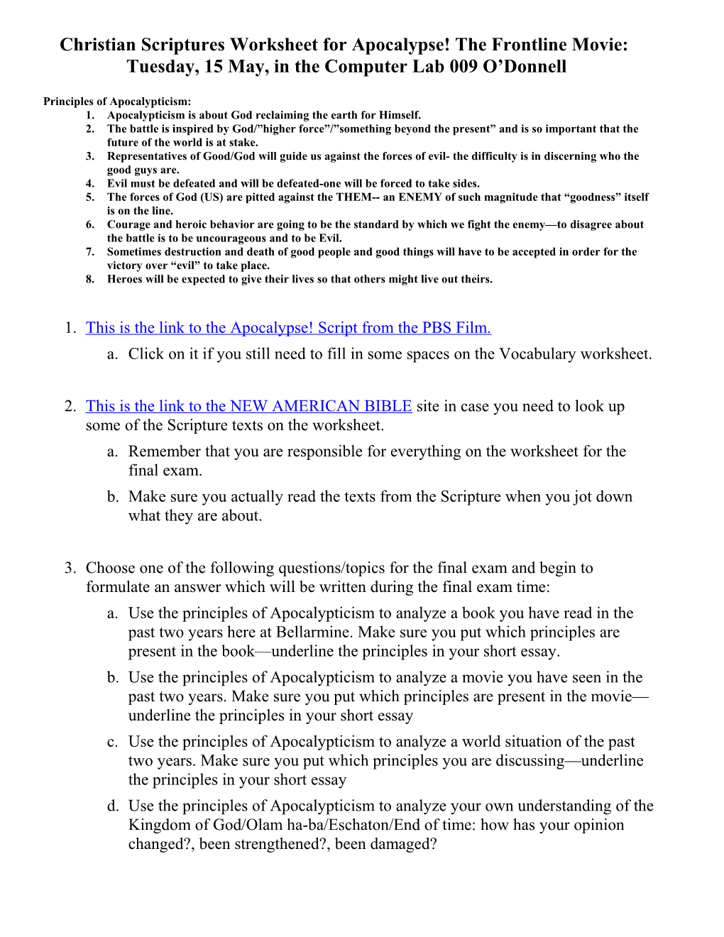 Christian Scriptures Worksheet for Apocalypse! the Frontline Movie