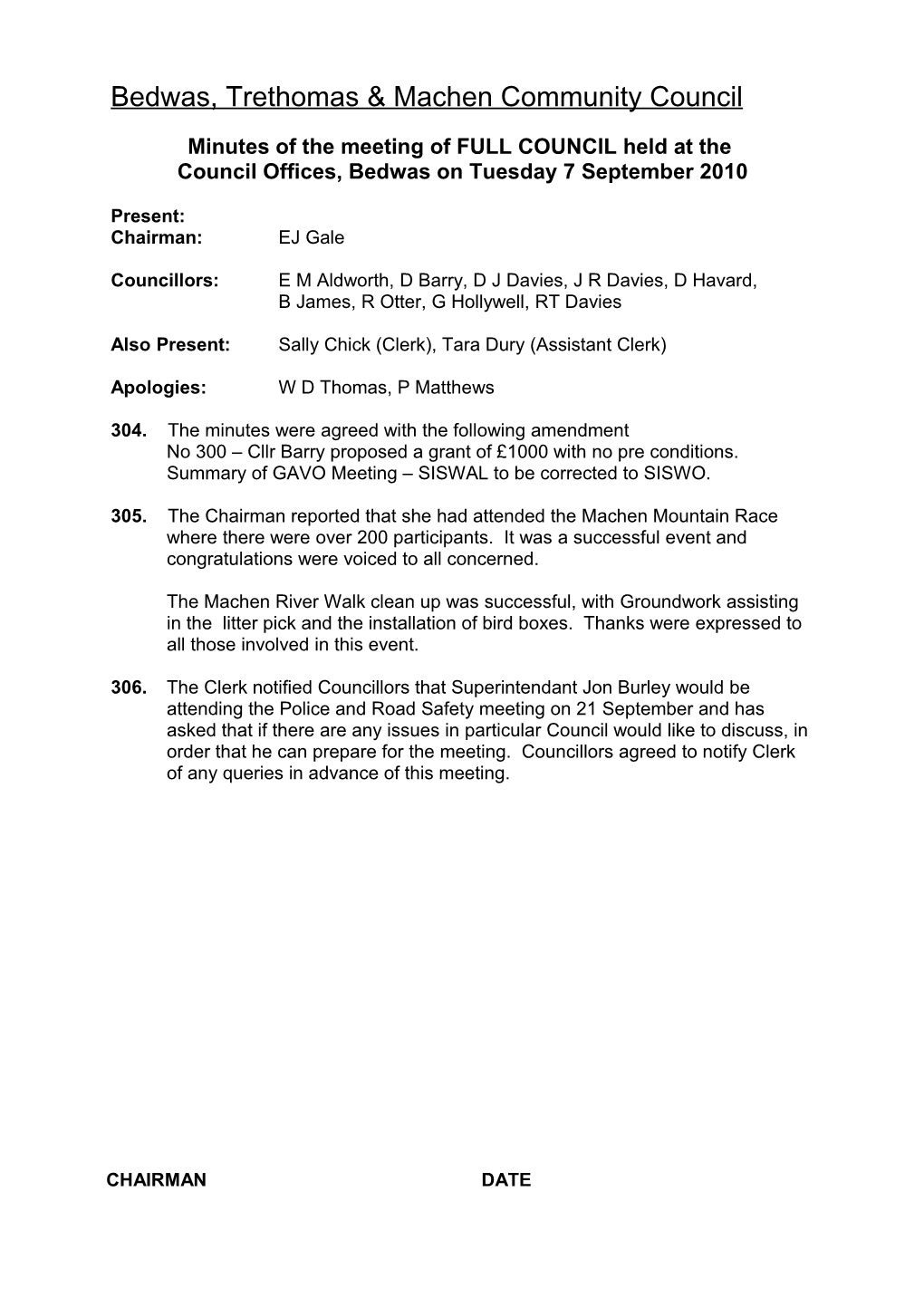 Minutes of the Meeting of FULL COUNCIL Held at The