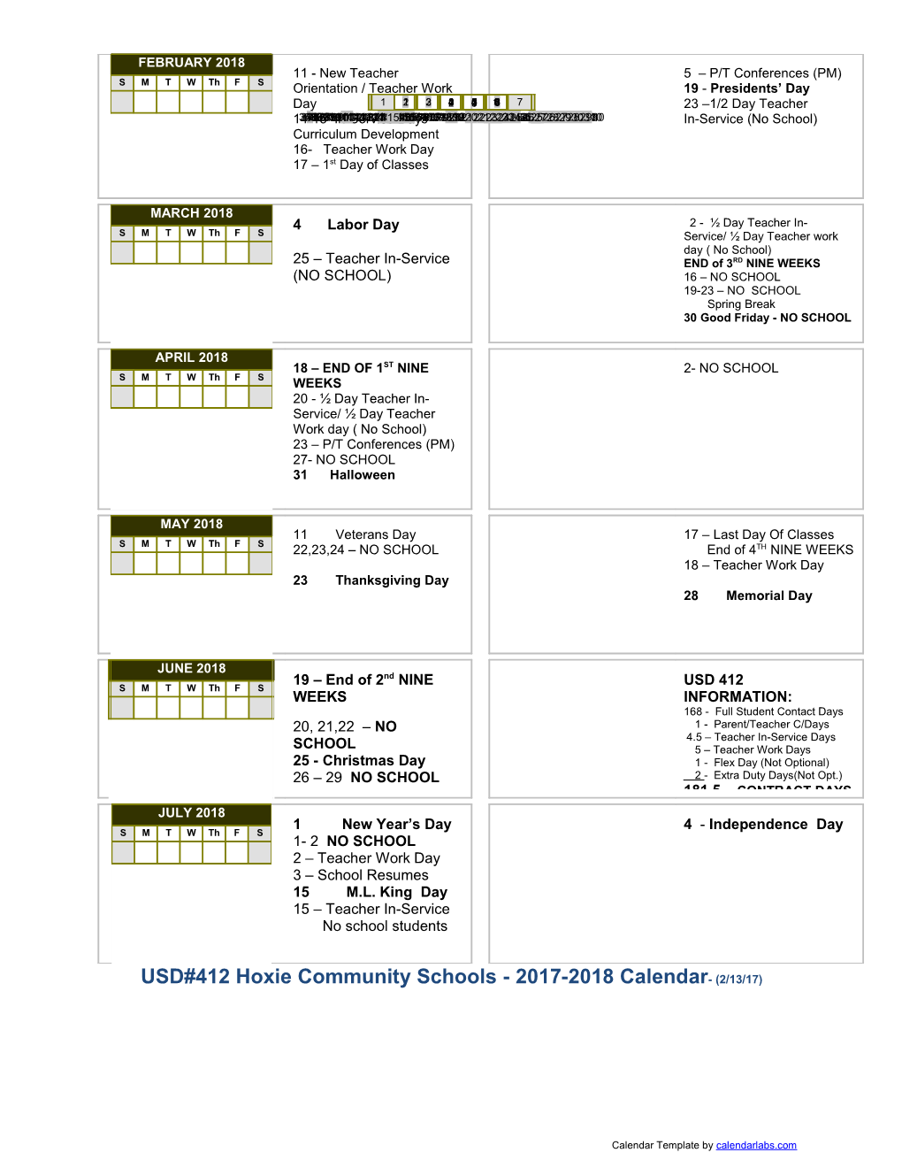 USD#412 Hoxie Community Schools - 2017-2018 Calendar- (2/13/17)