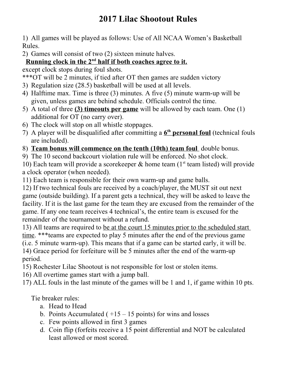 2011 Lilac Shootout Rules