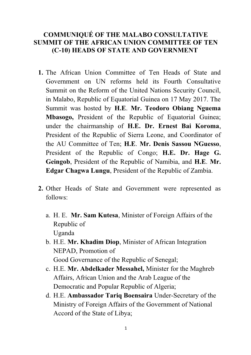 Communiqué of the Malabo Consultative Summit of the African Union Committee of Ten (C-10)