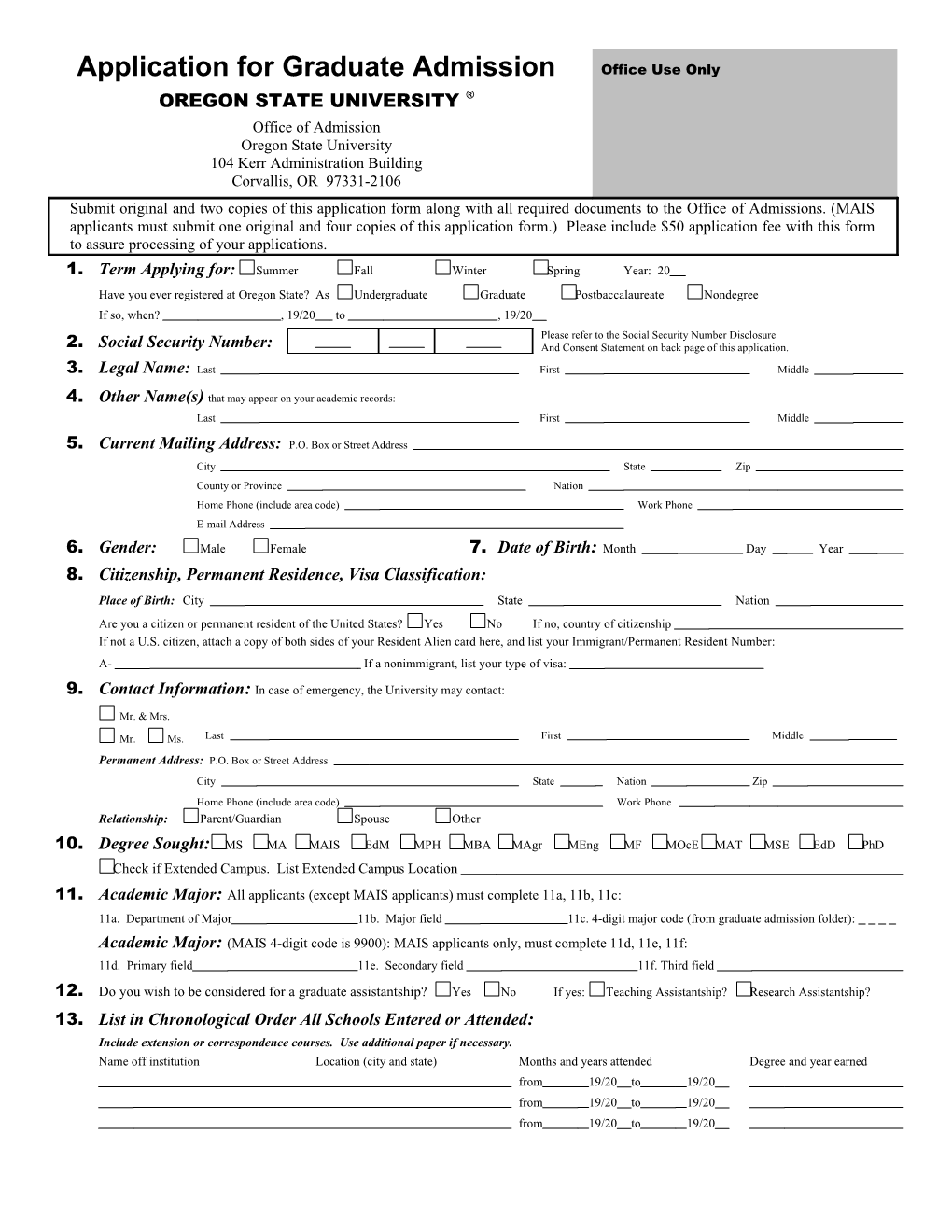 Application for Graduate Admission