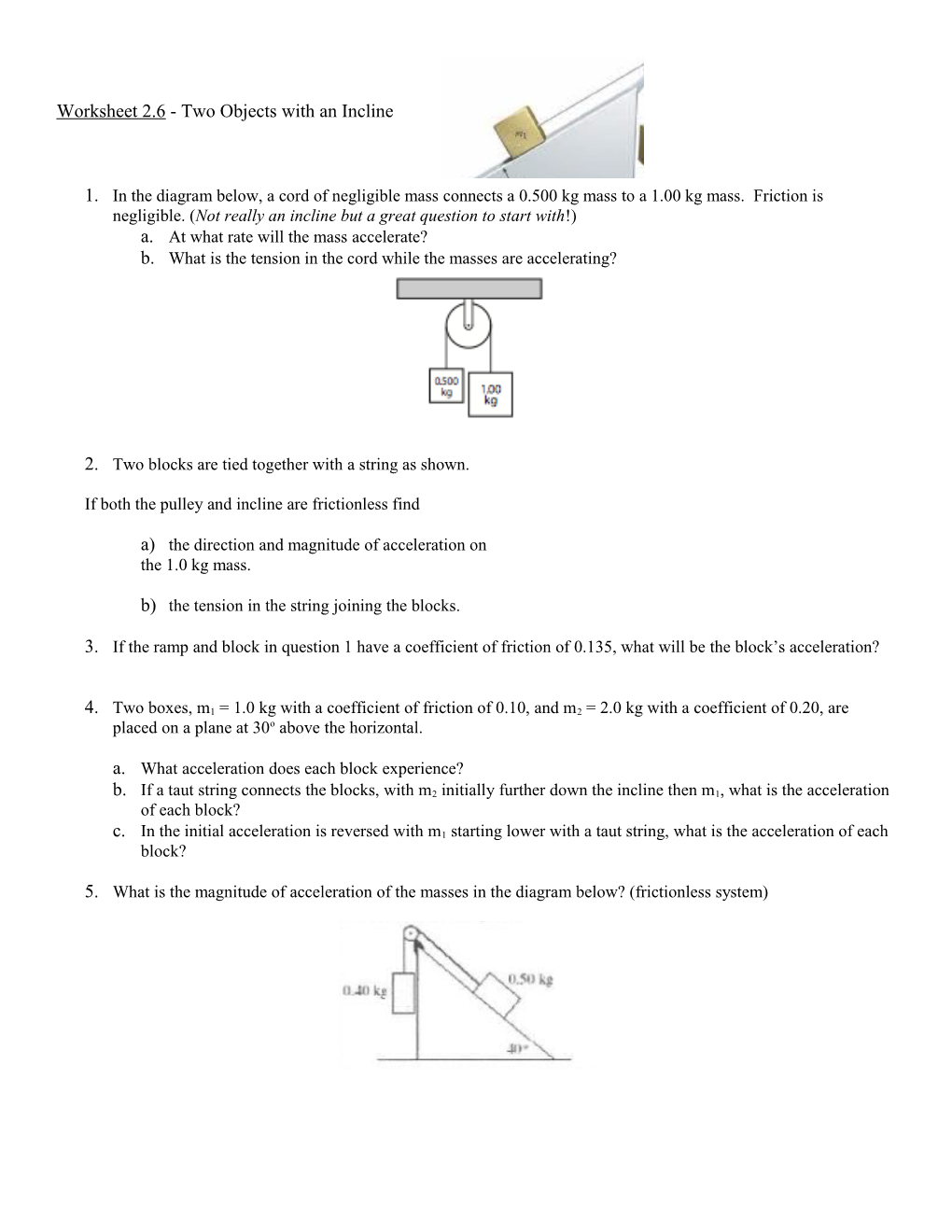 Worksheet 2.6 - Two Objects with an Incline