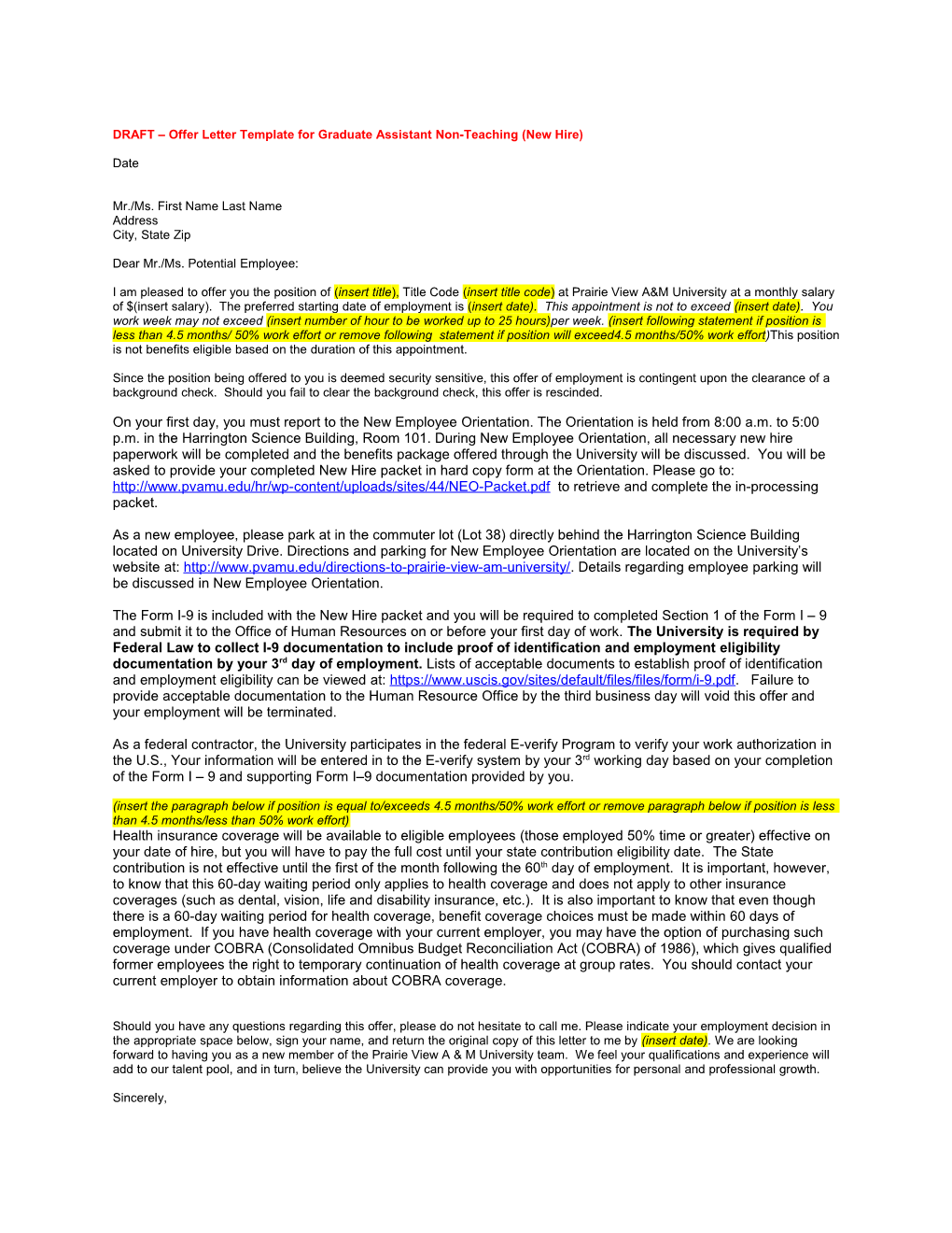 DRAFT Offer Letter Template for Graduate Assistant Non-Teaching (New Hire)