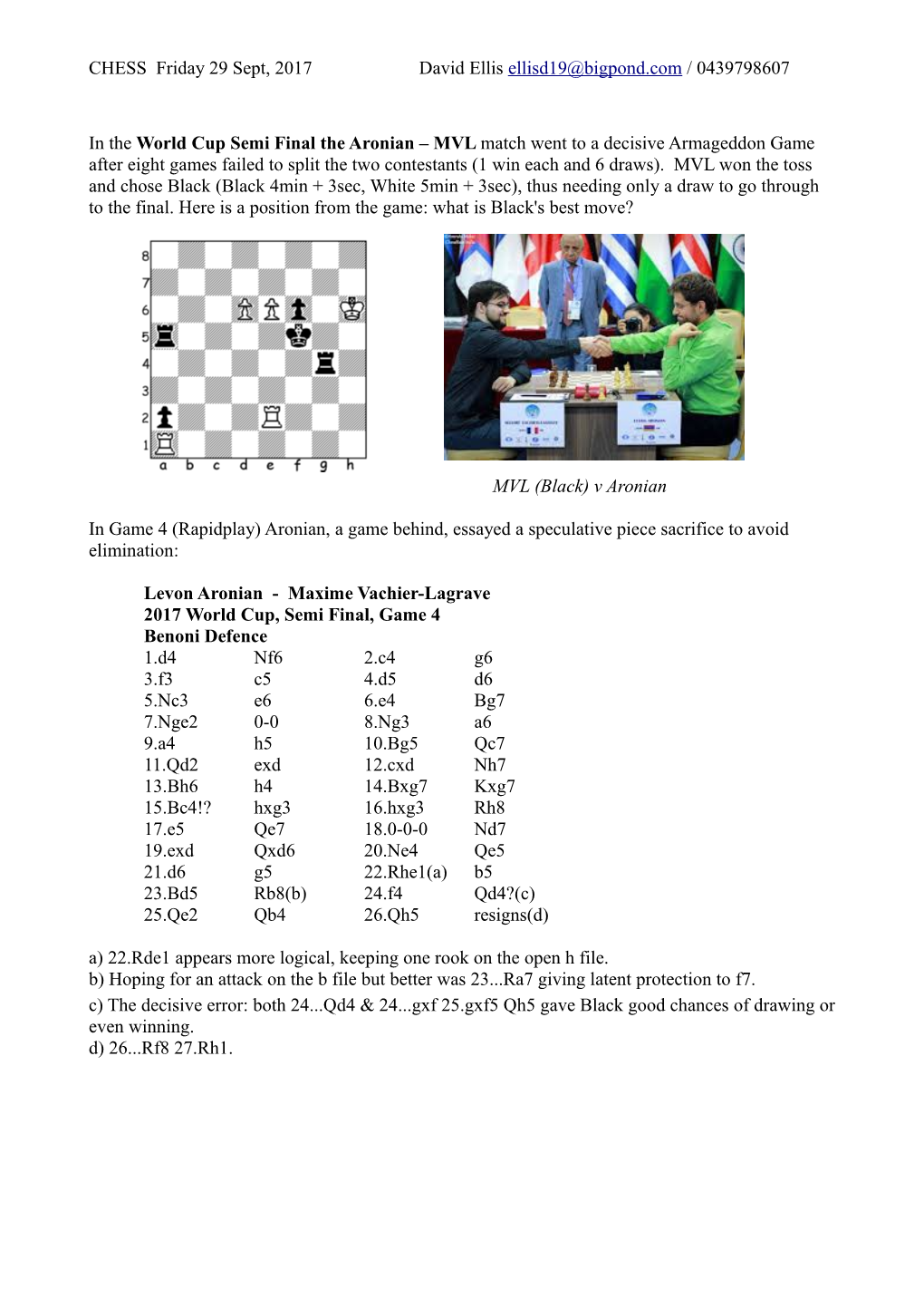 CHESS Friday 29 Sept, 2017David Ellis / 0439798607