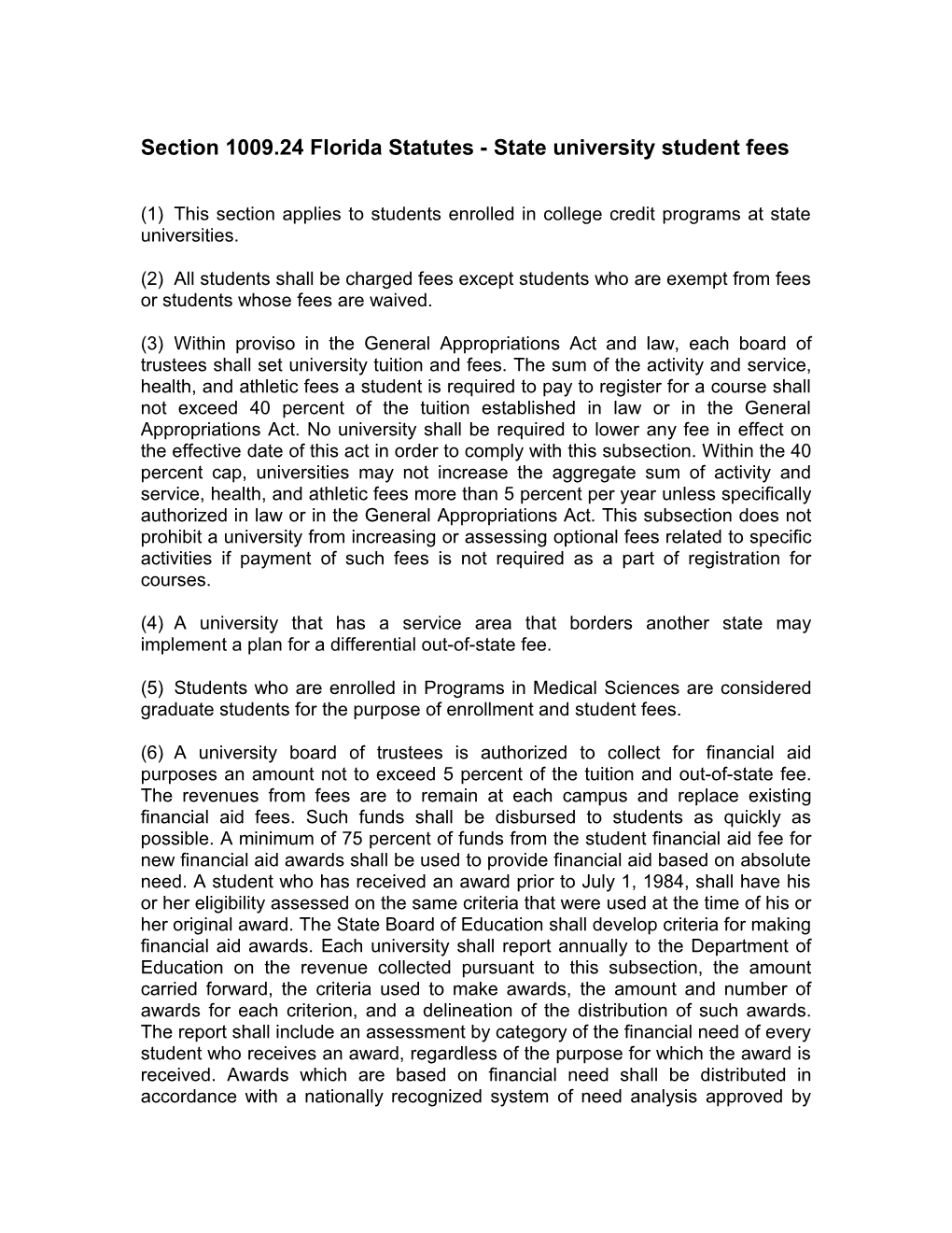 Section 1009.24 Florida Statutes - State University Student Fees