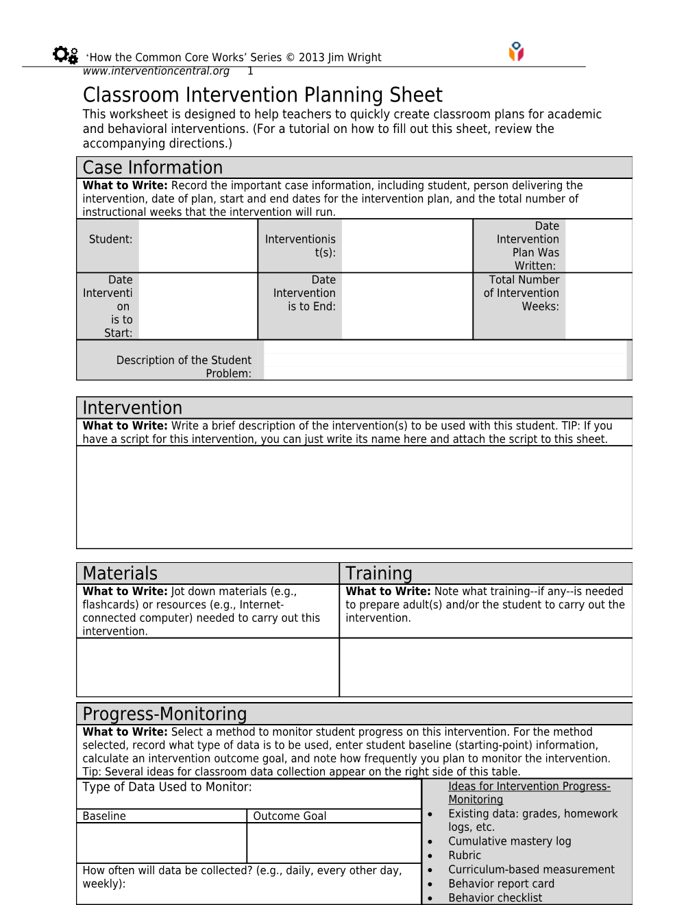Classroom Intervention Planning Sheet