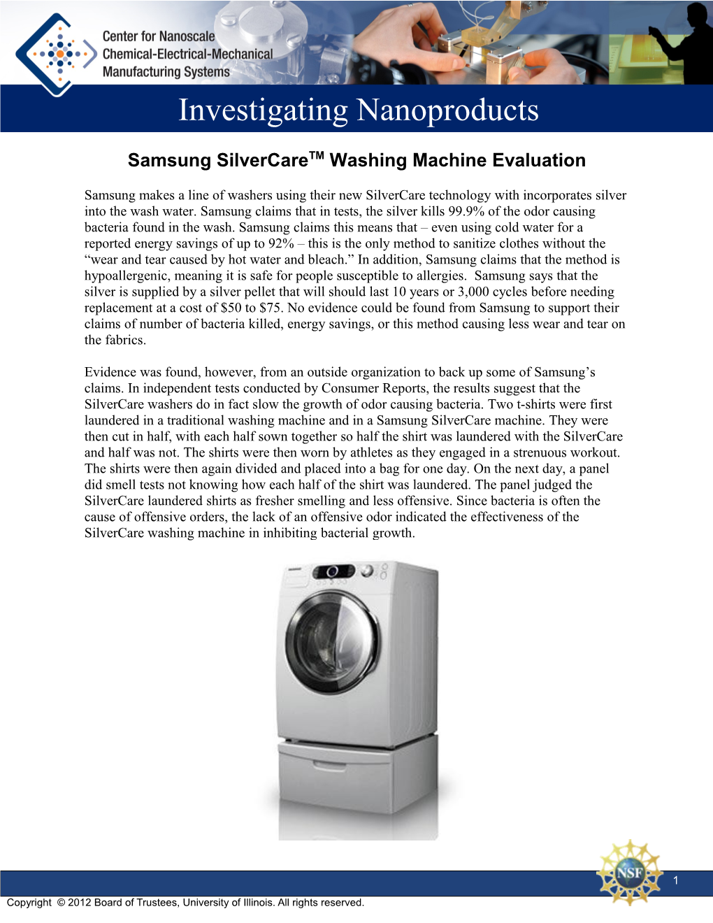 Samsung Silvercaretm Washing Machine Evaluation