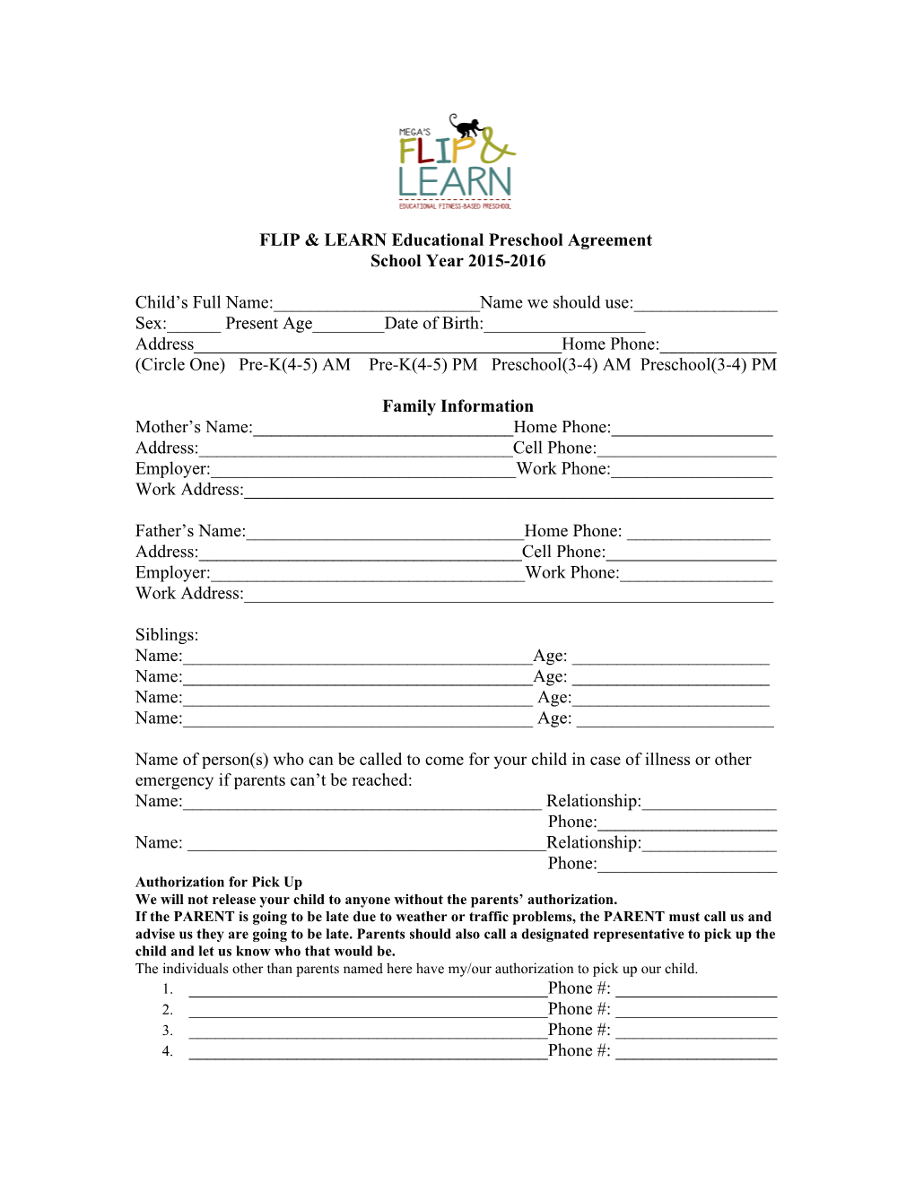 FLIP & LEARN Educational Preschool Agreement