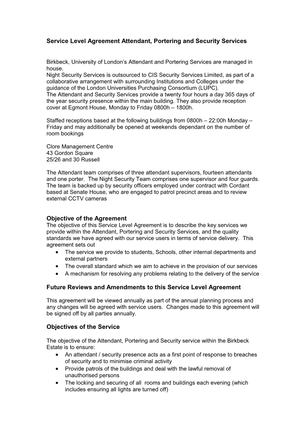 Service Level Agreement Attendant, Portering and Security Services