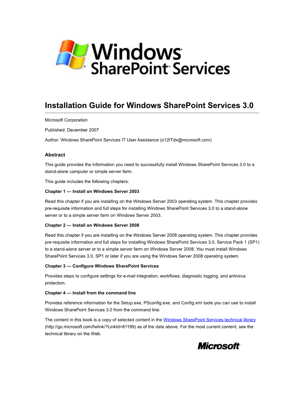 Installation Guide for Windows Sharepoint Services 3.0