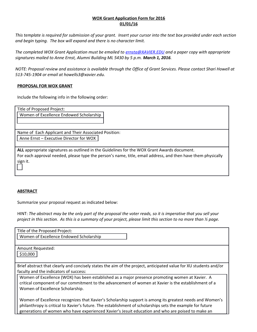 WOX Grant Application Form for 2016