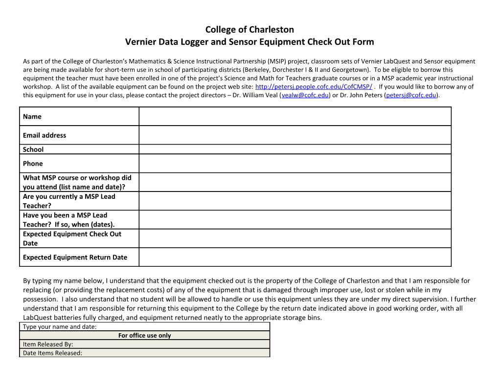 Vernier Data Logger and Sensor Equipment Check out Form