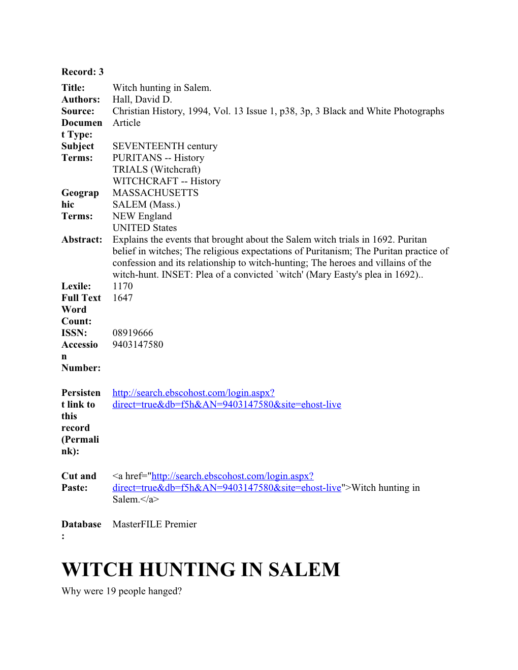 Witch Hunting in Salem