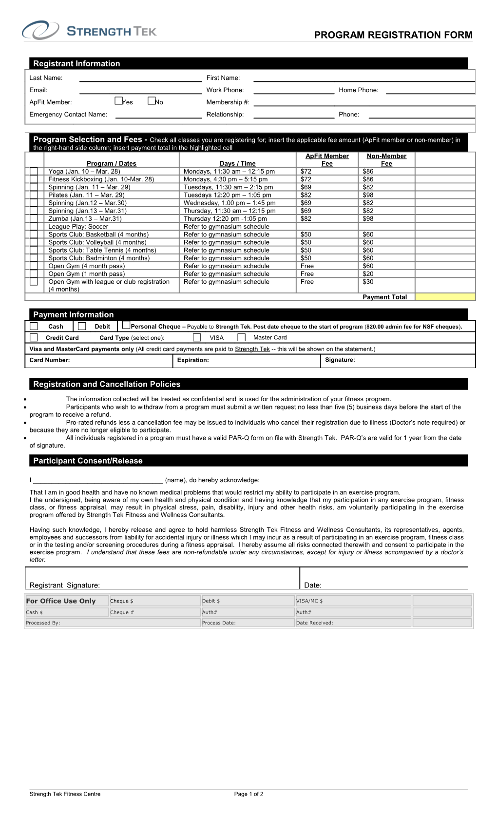 Fitness Centre Application Form