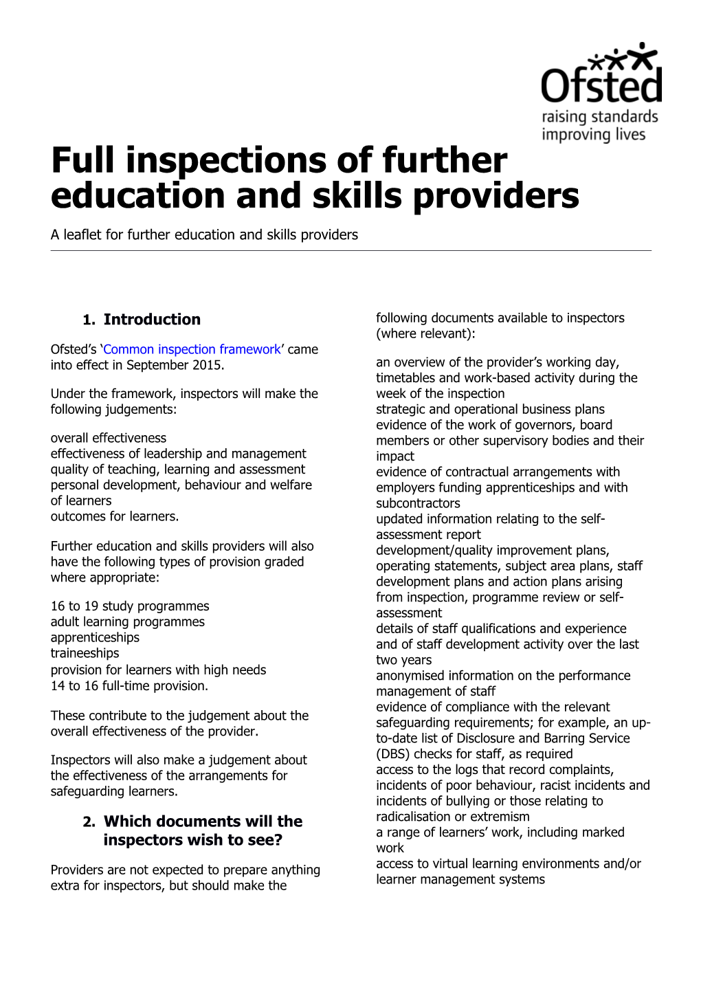 Full Inspections of FE and Skills Providers