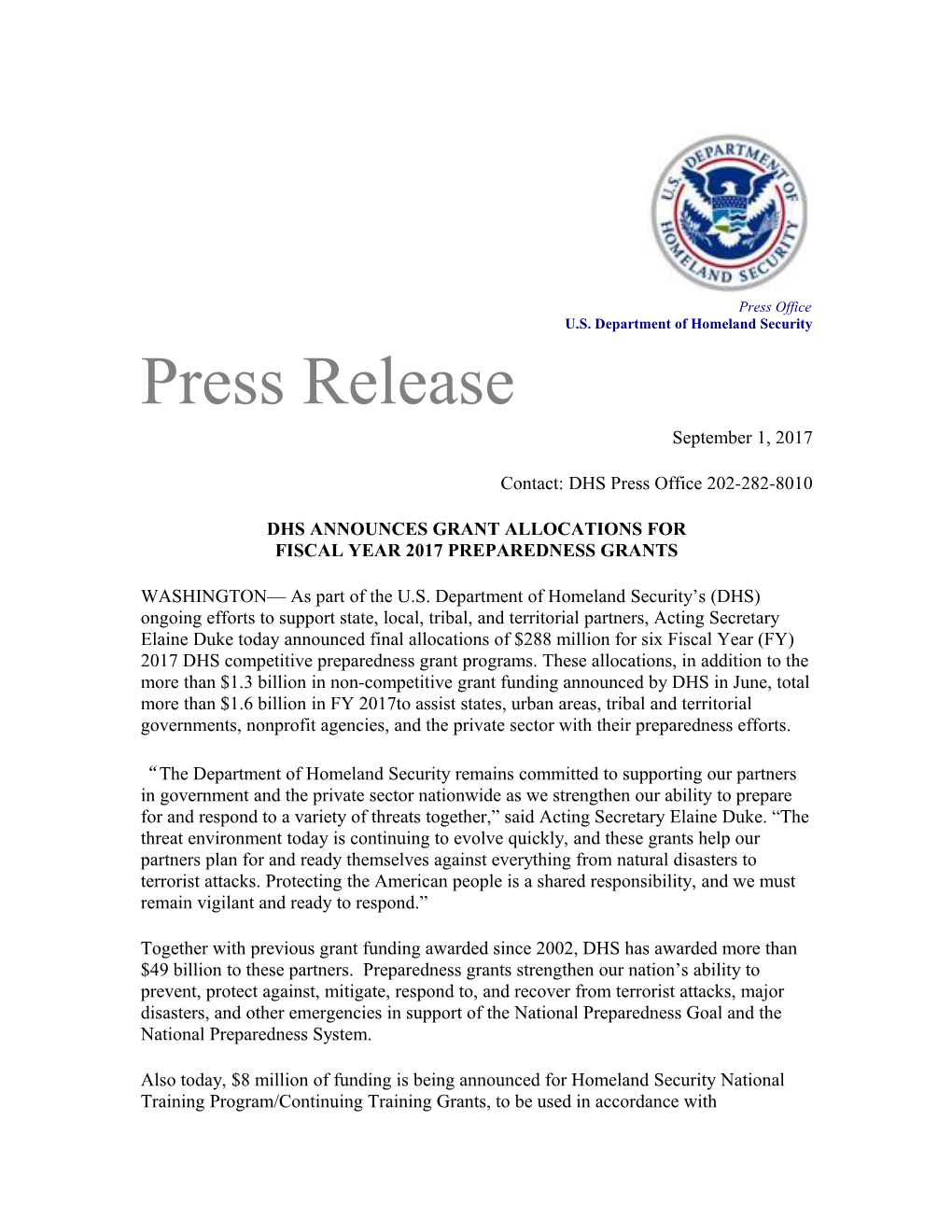 Dhs Announces Grant Allocations For