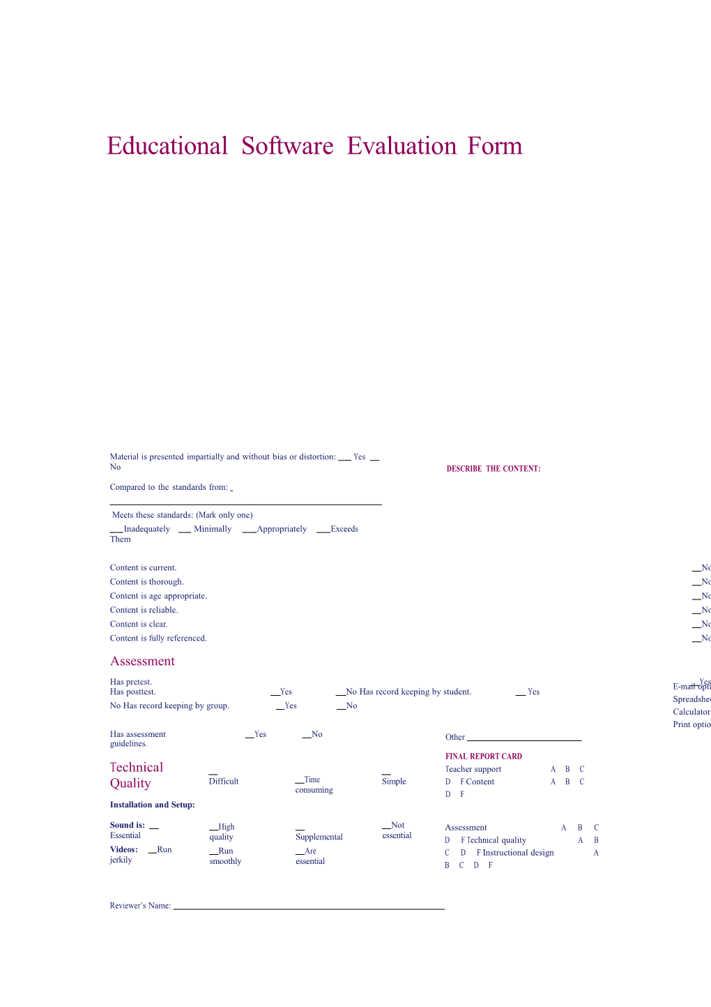 Educational Software Evaluation Form