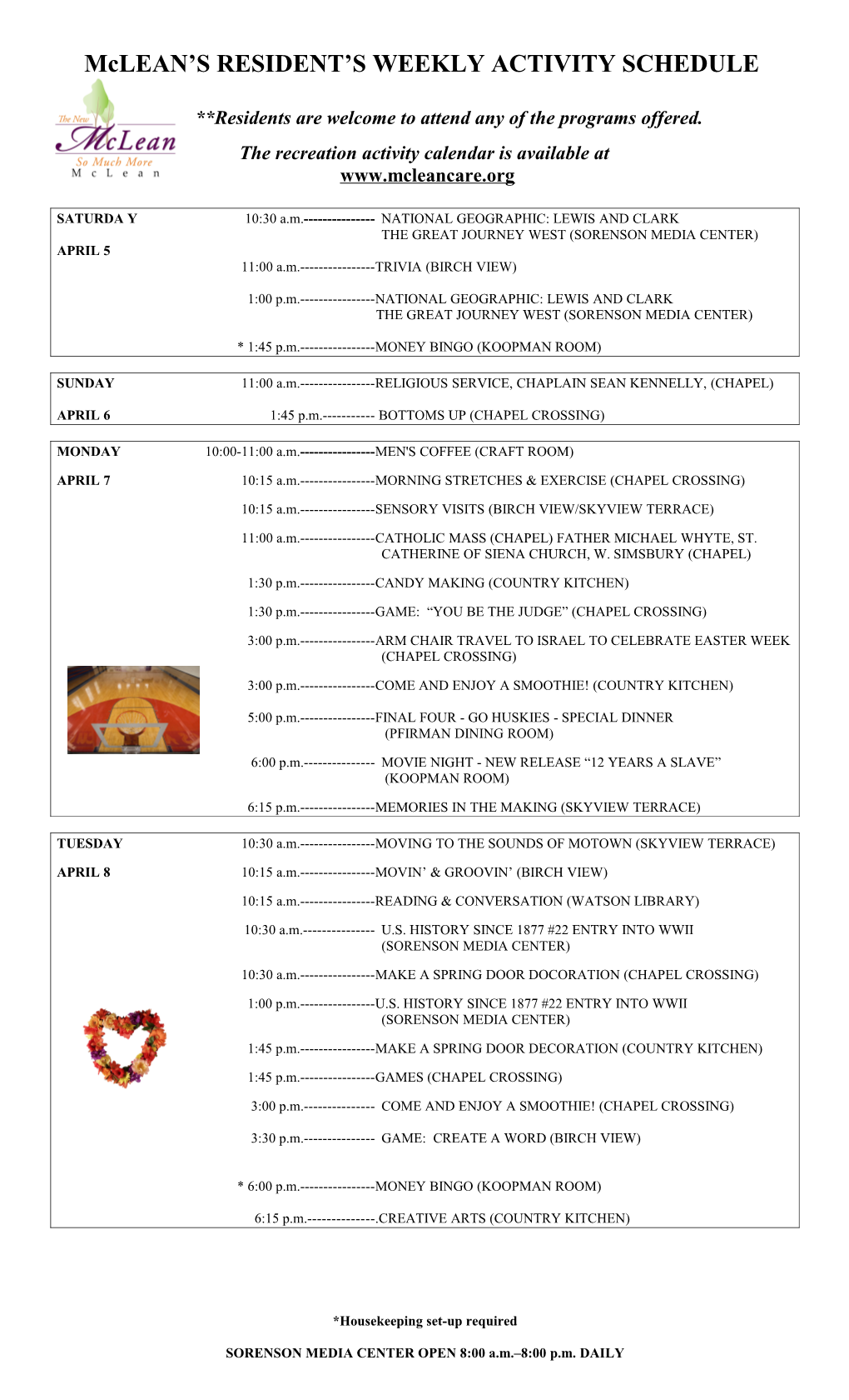 Mclean HOME WEEKLY ACTIVITIES SCHEDULE