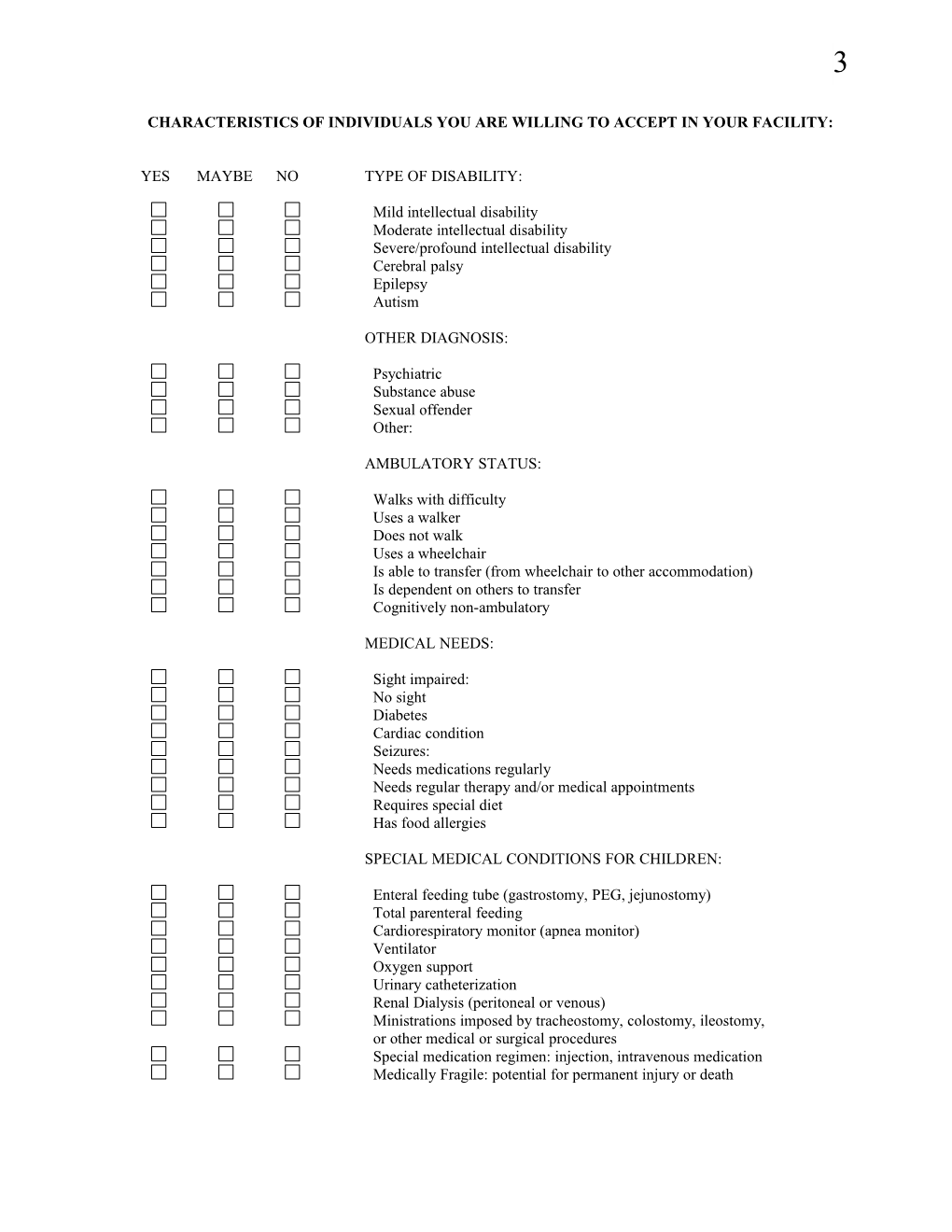 Characteristics of Residents You Are Willing to Accept in Your Facility