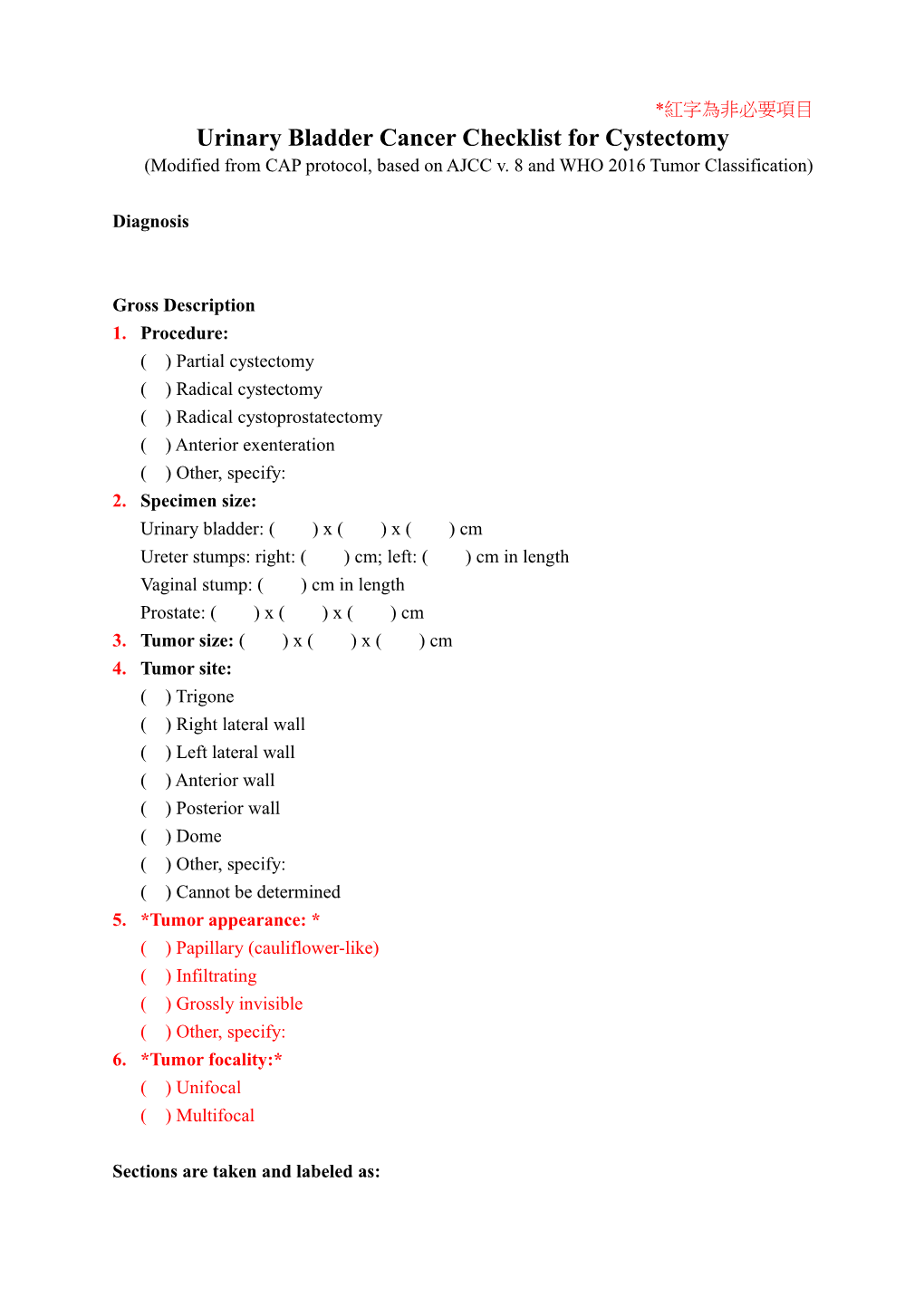 Urinary Bladder Cancer Checklist for Cystectomy
